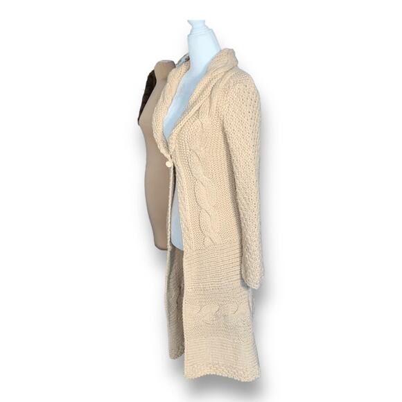 Bebe Beige Chunky Knit Longline Cardigan Sweater Shawl Collar Toggle Closure - Picture 5 of 11